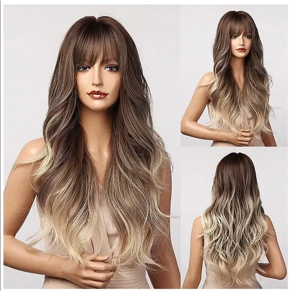 NWT Ash Blonde Wig Bangs Ombre Long Brown 26 Inch - Picture 2 of 7